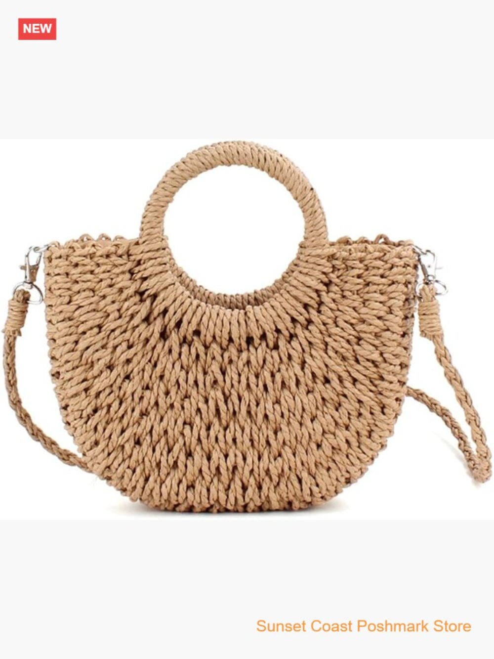 Handwoven Rattan Straw Semi-Circle Tote Beach Bag